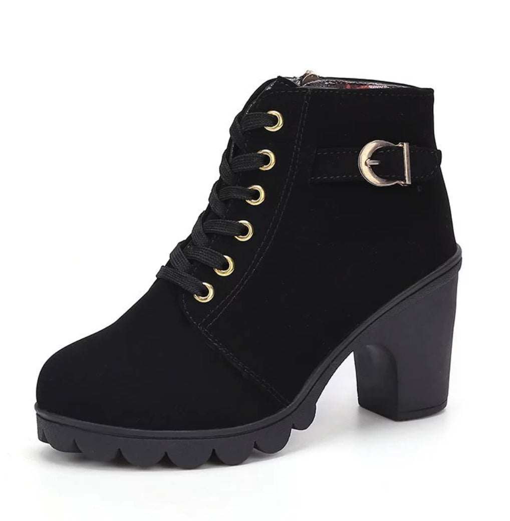 Leopard Print Ankle Square Heel Suede Lace-up Zip Boots