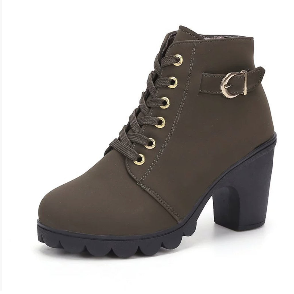 Leopard Print Ankle Square Heel Suede Lace-up Zip Boots